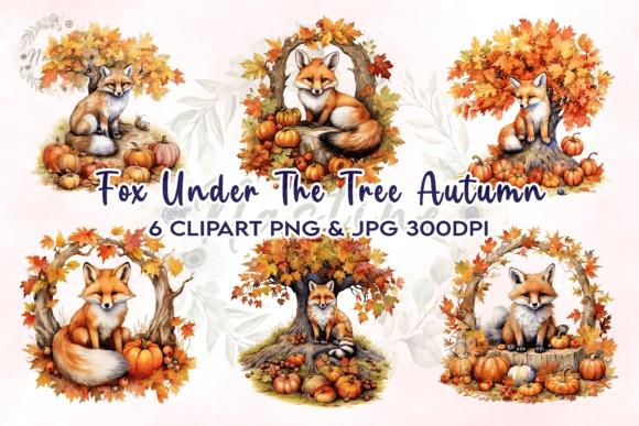 Fall Clipart featuring foxes under autumn trees with pumpkins and leaves in woodland scenes