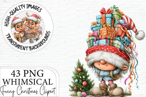 Christmas clip art featuring a whimsical character with a large Santa hat carrying a stack of colorful presents next to a