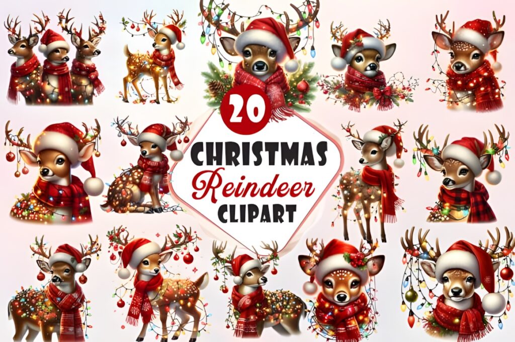 Christmas clip art featuring 20 funny reindeer designs with Santa hats and holiday decorations
