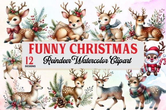 Christmas clipart for holiday cards featuring 12 funny reindeer watercolor designs with festive scarves and holiday greenery