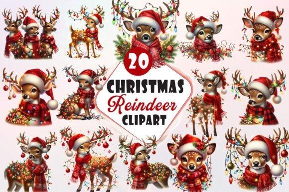 Christmas clipart for holiday cards featuring 20 cute reindeer in festive hats and scarves with holiday decorations