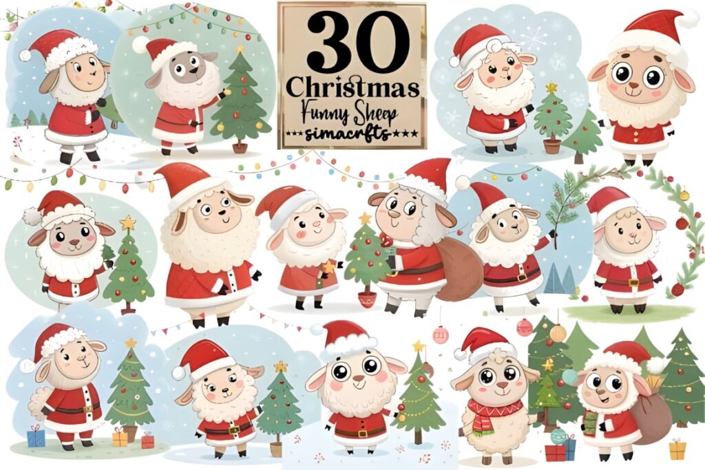 Christmas clip art featuring 30 funny Christmas sheep in Santa hats with trees and festive decorations