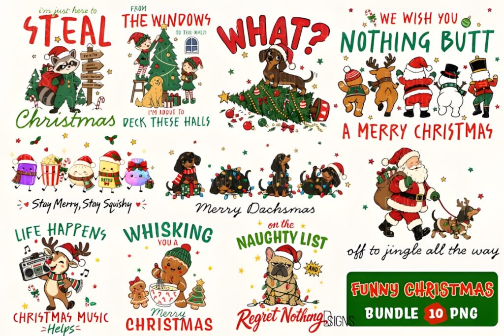 Funny cute Christmas decorations PNG featuring playful holiday characters and humorous text for casual festive projects