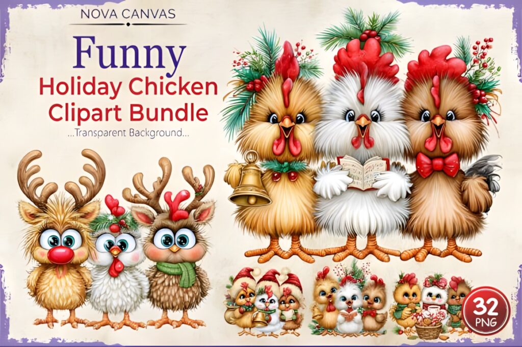 Christmas Elements PNG featuring funny holiday chickens with festive accessories like hats, scarves, and bows