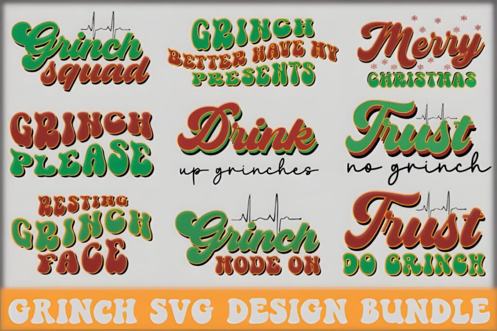 Grinch SVG for Cricut designs including phrases like Grinch squad, Grinch please, Merry Christmas, and Grinch mode on in