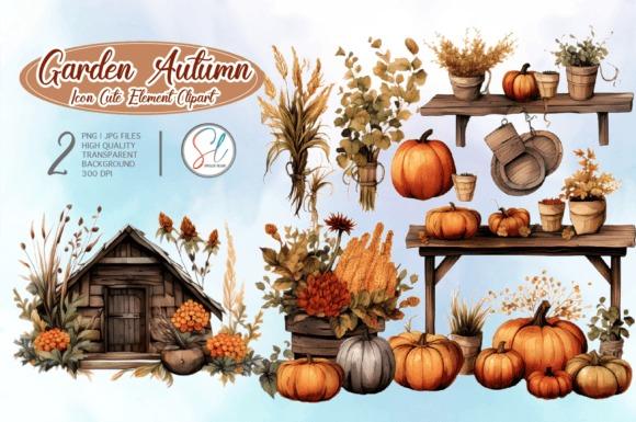 Fall Clipart featuring garden autumn elements like pumpkins, dried flowers, and rustic wooden items in watercolor style