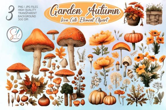 Fall Clipart featuring watercolor garden autumn elements including mushrooms, flowers, pumpkins, and leaves in orange and