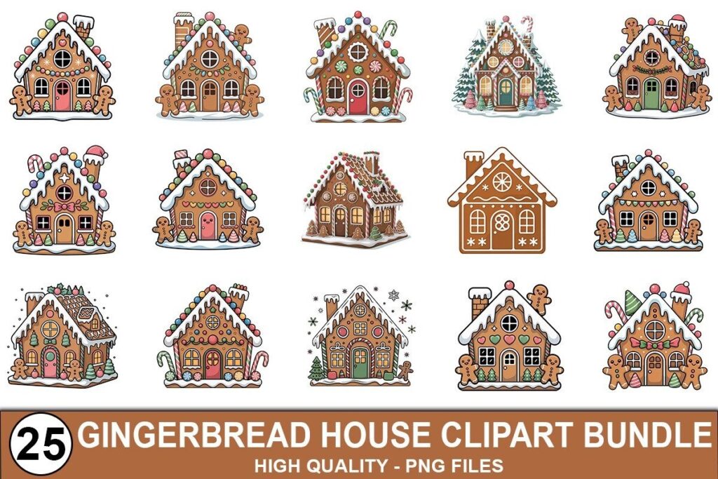 Set of 25 gingerbread Christmas house clipart designs with colorful decorations and transparent — Christmas clipart