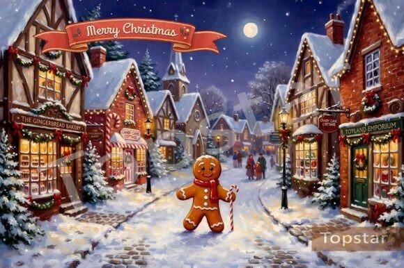 Cute Christmas clipart showing a gingerbread man in a snowy Christmas village with candy-cane details and holiday shops