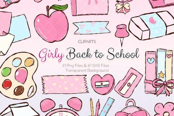 Girly Teacher Clipart Girly back to school teacher clipart with pink apple, paint palette, heart-shaped sharpener, and school supplies