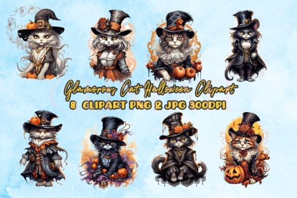 Glamorous cat Halloween clipart set with eight stylized cats in witch hats and Halloween costumes