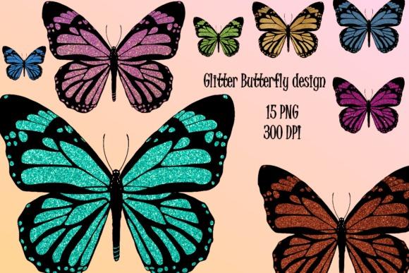 Glitter butterfly clipart set with 15 transparent PNG butterflies in various colors and sparkly finish