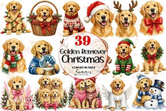 Christmas Clipart featuring golden retrievers with holiday accessories like Santa hats, scarves, and wreaths