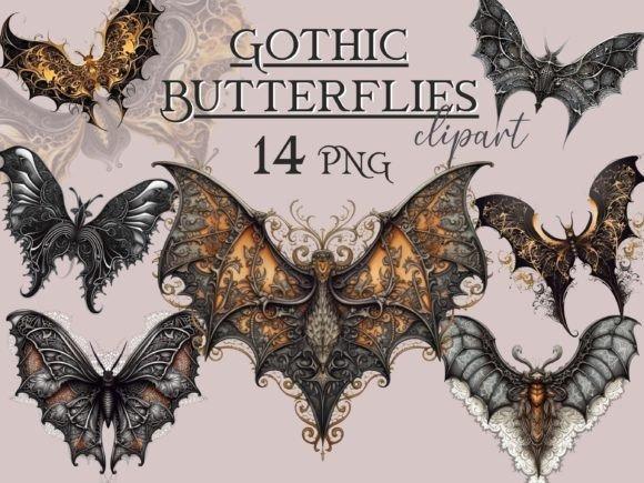 Gothic butterfly clipart for sticker with dark, detailed wings on transparent backgrounds