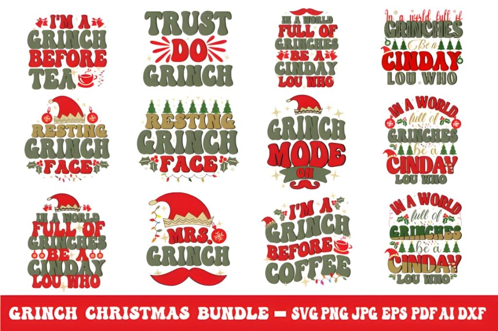 Grinch SVG for Cricut featuring a Christmas bundle with various Grinch-themed holiday decal designs including text and