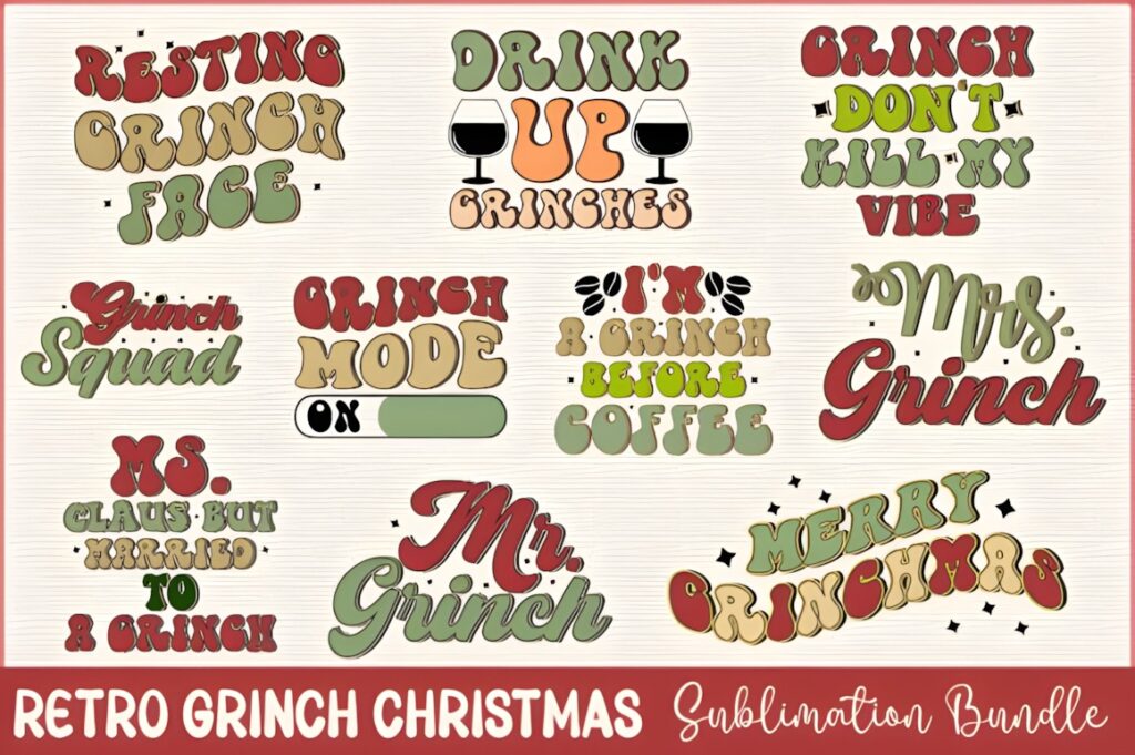 Grinch SVG for Cricut with retro Christmas-themed text designs including phrases like Resting Grinch Face and Merry Grinchmas