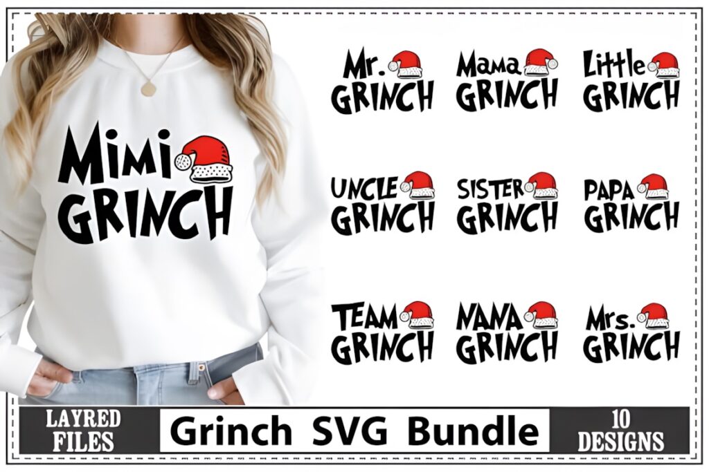Grinch SVG for Cricut bundle featuring 10 family-themed designs with Santa hats including Mimi Grinch, Mr Grinch, Mama