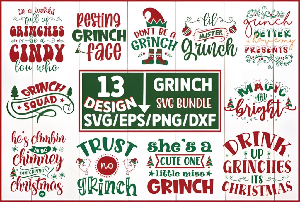 Grinch SVG for Cricut bundle with 13 Christmas-themed vector decal designs in red and green colors
