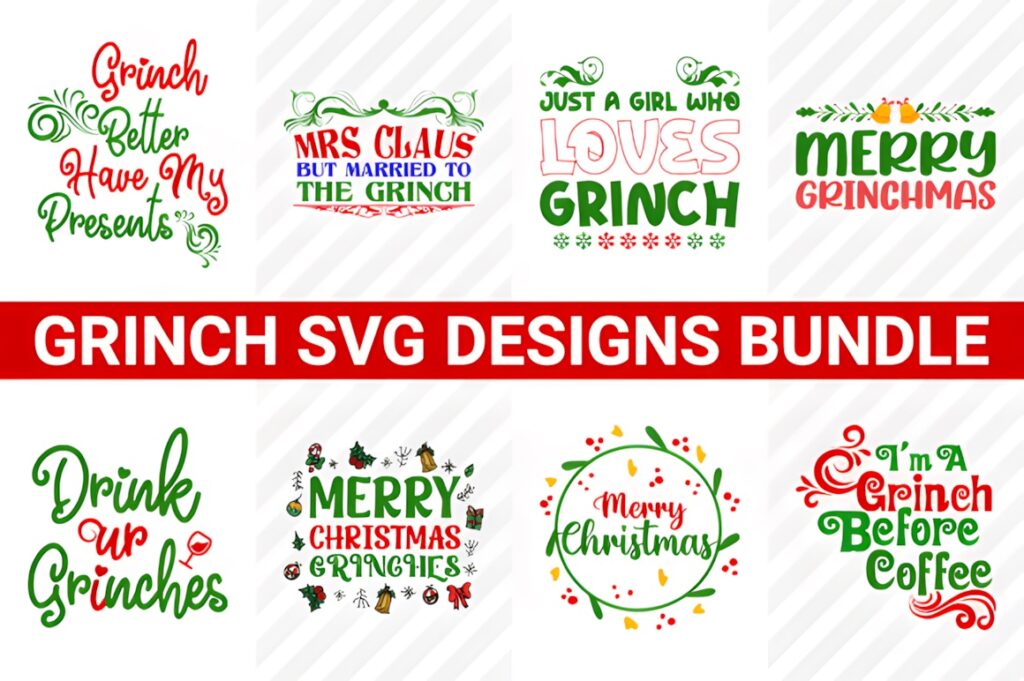 Grinch SVG for Cricut bundle with various Christmas-themed designs and phrases