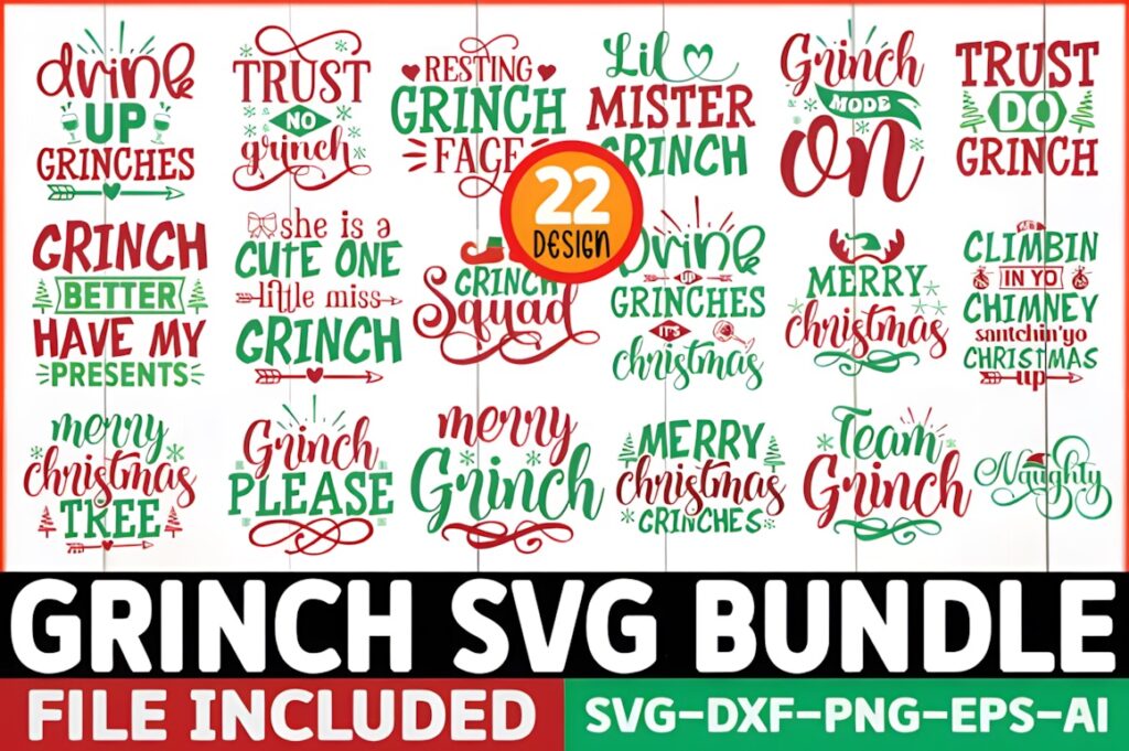 Grinch SVG for Cricut bundle with 22 creative Christmas-themed vector designs in red and green text