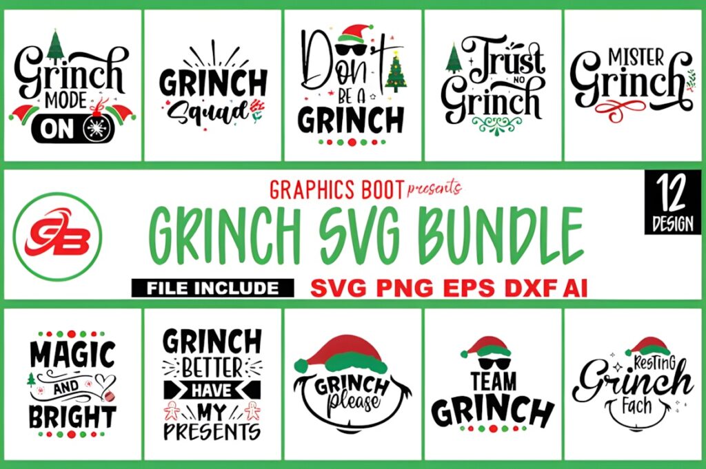 Grinch SVG for Cricut bundle with 12 festive Christmas-themed vector designs including text and icons