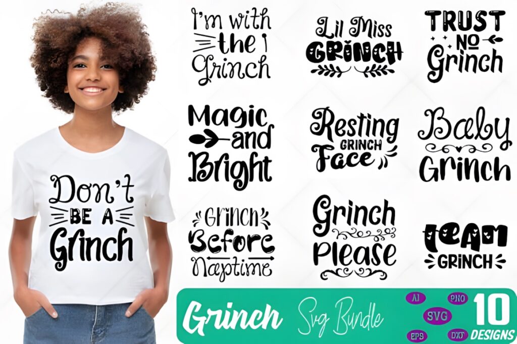 Grinch SVG for Cricut designs displayed on a white t-shirt worn by a child and as individual black text graphics with