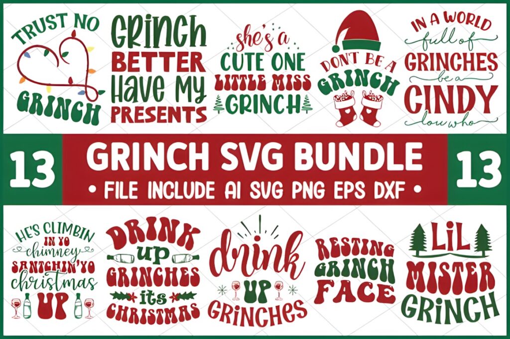 Grinch SVG Bundle with 13 different Christmas-themed designs for Cricut including phrases and — Grinch SVG for Cricut
