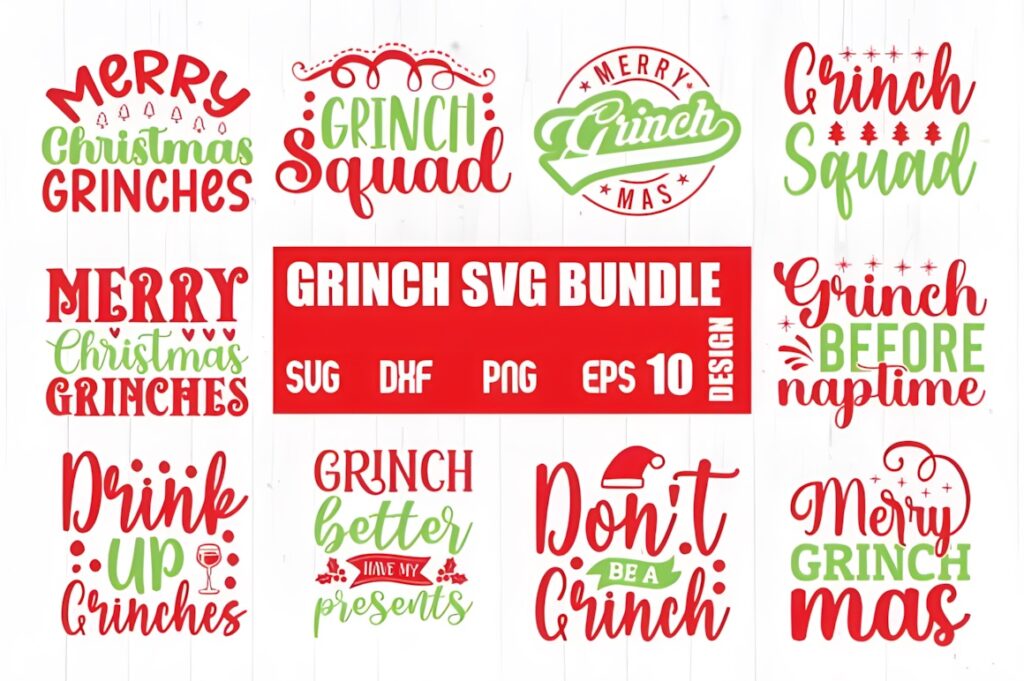 Grinch SVG for Cricut bundle with various Christmas-themed designs in red and green text