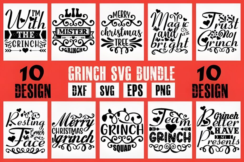 Grinch SVG for Cricut designs including quotes and decorative Christmas-themed graphics in black on white with red background