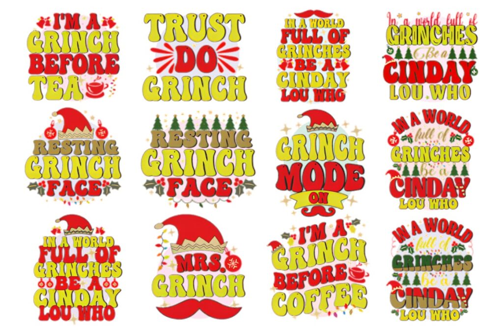 Grinch SVG for Cricut designs with colorful holiday-themed text and graphics for decals