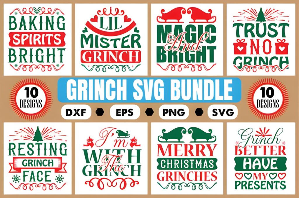 Grinch SVG for Cricut bundle with 10 holiday-themed designs including phrases like Baking Spirits Bright and Merry Christmas