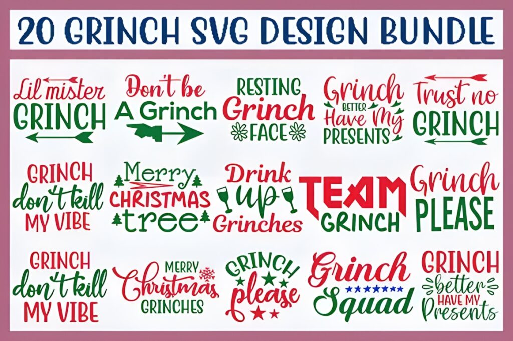 Grinch SVG for Cricut bundle with 20 festive and playful Christmas-themed vector designs in red and green text