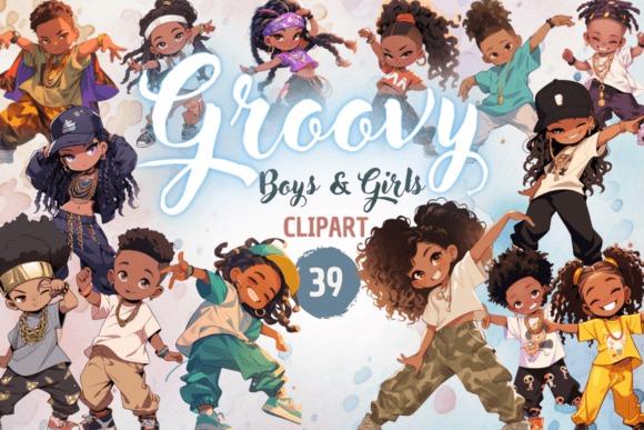 Creative kids clipart bundles featuring groovy Black kids in retro, expressive poses for bold stickers and apparel