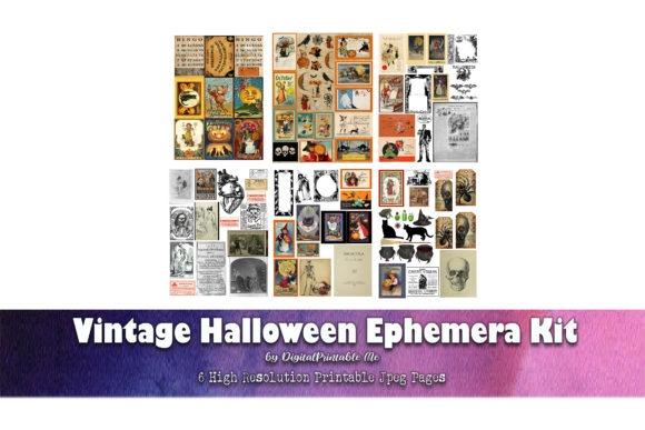 Vintage Halloween clipart ephemera kit with assorted aged paper tags, images, and collage elements