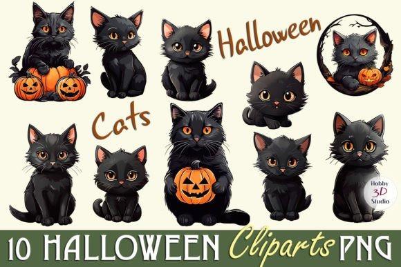 Set of 10 Halloween clipart black cats with pumpkins and transparent backgrounds