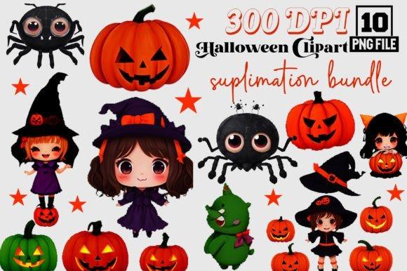 Halloween clipart bundle with 10 transparent PNG files including pumpkins, witches, spiders, and a green monster at 300 DPI