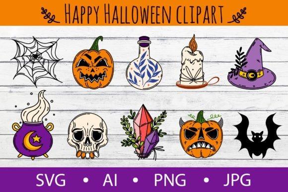 Halloween clipart set featuring spooky pumpkins, skull, bat, candle, witch hat, spider web, and mystical crystals in
