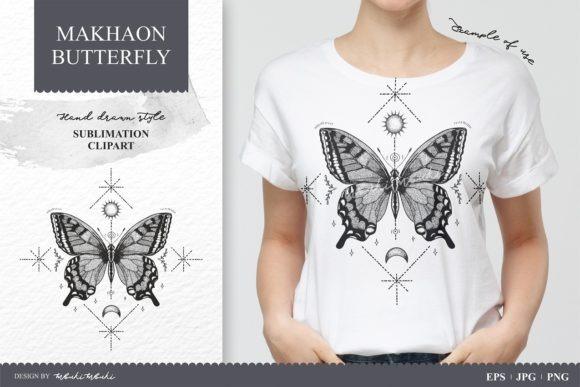 Hand drawn black and white butterfly clipart with magical decorative elements on a white shirt