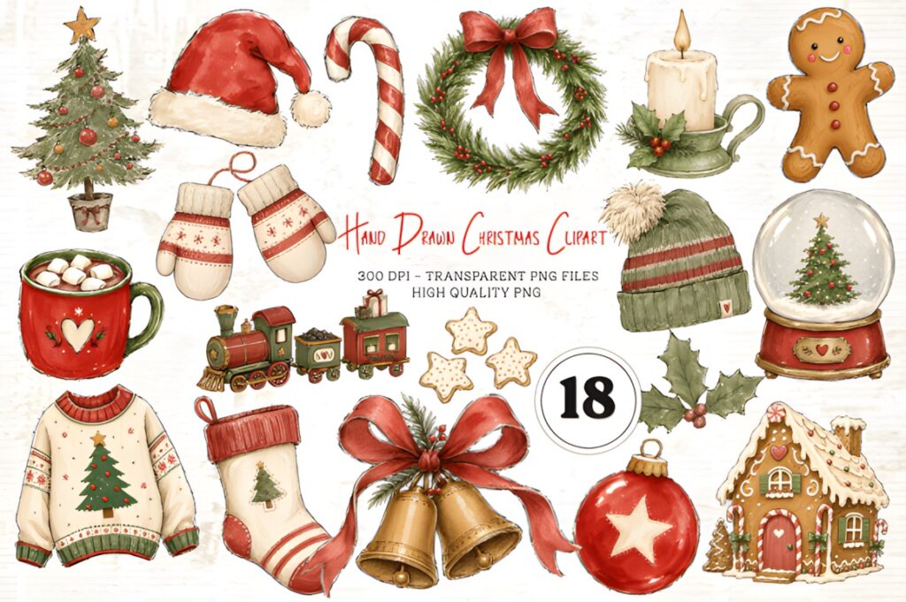 Hand drawn Christmas Elements PNG including tree, Santa hat, candy cane, wreath, mittens, candle, gingerbread man, sweater