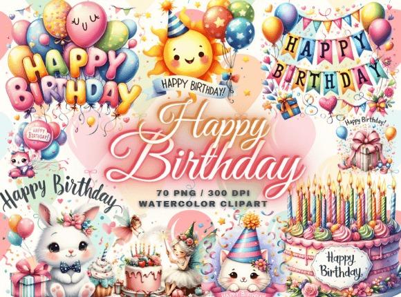 best happy birthday clipart featuring colorful balloons, cakes, party hats, and festive Happy Birthday text in PNG format