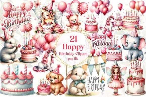 best happy birthday clipart featuring birthday cakes, balloons, animals, and party decorations in pink tones
