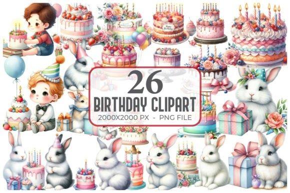 Best happy birthday clipart featuring birthday cakes, rabbits, gifts, and children in a colorful celebration scene