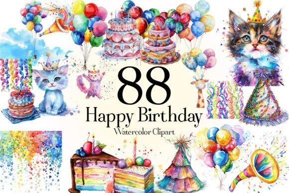 best happy birthday clipart featuring colorful watercolor birthday cakes, balloons, party hats, and a cat with a party hat