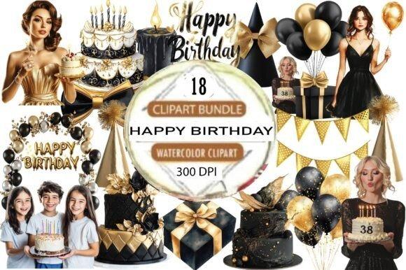 Best happy birthday clipart featuring black and gold themed cakes, balloons, gifts, and party decorations for invitations