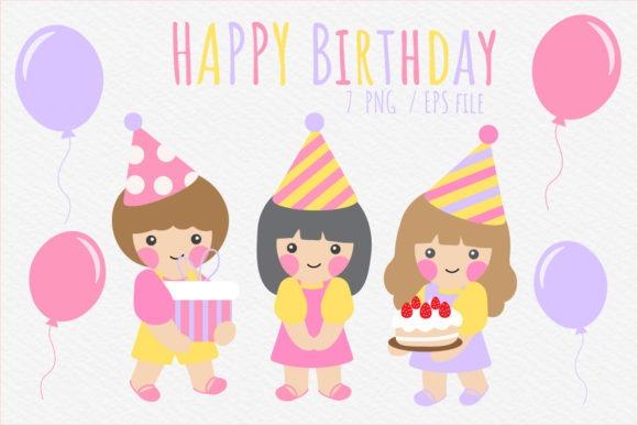 best happy birthday clipart featuring three children in party hats with balloons and birthday cake