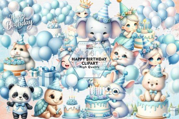 Best happy birthday clipart featuring cute animals with balloons, cakes, and party hats in soft blue tones