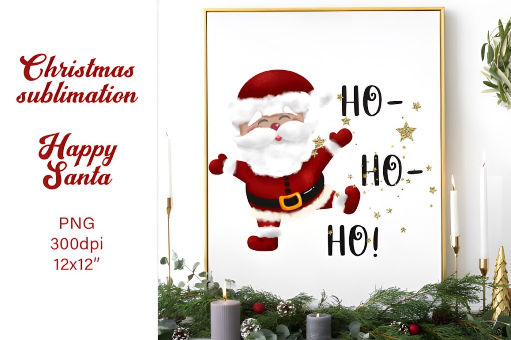 Xmas PNG Designs featuring a Santa character with Ho Ho Ho lettering and glitter-style stars in a 3600x3600 pixel
