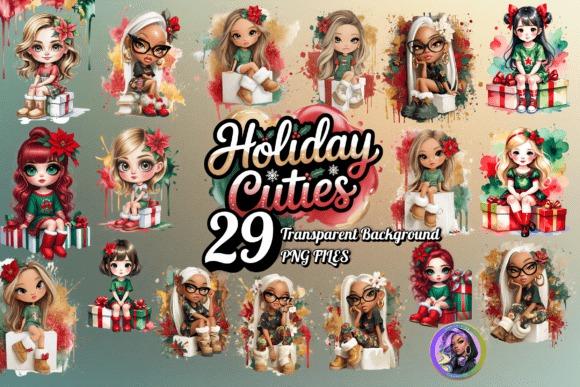 Christmas clip art featuring 15 festive girls in winter outfits with gifts and holiday decorations
