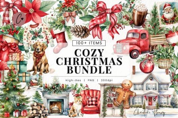 Cozy Christmas Bundle with 103 Christmas clipart elements including vintage truck, dog, holiday decorations, and festive