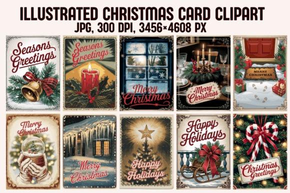 Christmas clipart for holiday cards featuring illustrated seasonal scenes with candles, wreaths, snow, and festive greetings